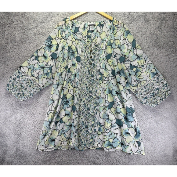 Catherines Top Women 1X Blue White Floral Short Sleeve Popover Lightweight Sheer - Picture 4 of 11